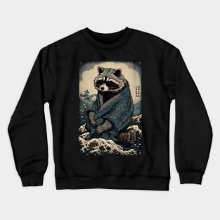 Raccoon and Waves - Traditional Japanese Ukiyoe Painting Crewneck Sweatshirt